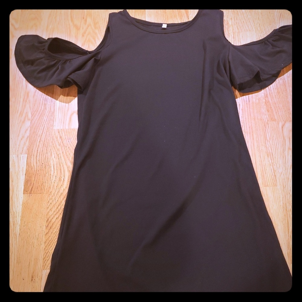 Black LBD with peak-a-boo shoulder